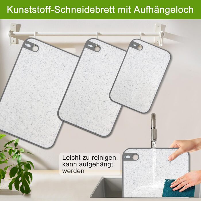 Набір обробних дощок BOCHION, пластикові дошки з іконками продуктів та піддоном, нековзні та без BPA, антибактеріальні дошки для риби, овочів, фруктів, мяса, хліба (набір з 3 шт., білі)