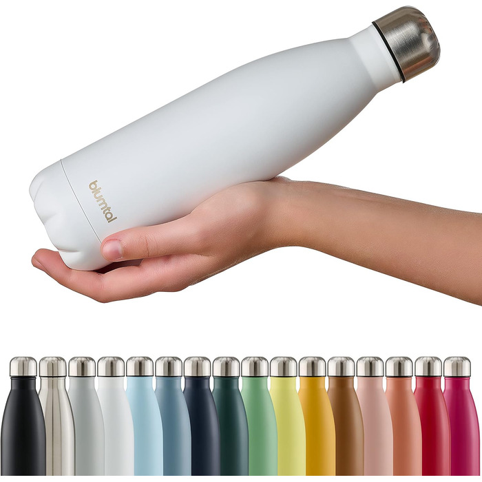 Пляшка для води Blumtal з нержавіючої сталі - Герметична ізольована пляшка - Пляшка для води без бісфенолу А для гарячих та холодних напоїв - Двостінна ізольована пляшка - Ізоляційна пляшка, стійка до іржі, дерево/срібло (02 - Біла, 1000 мл)
