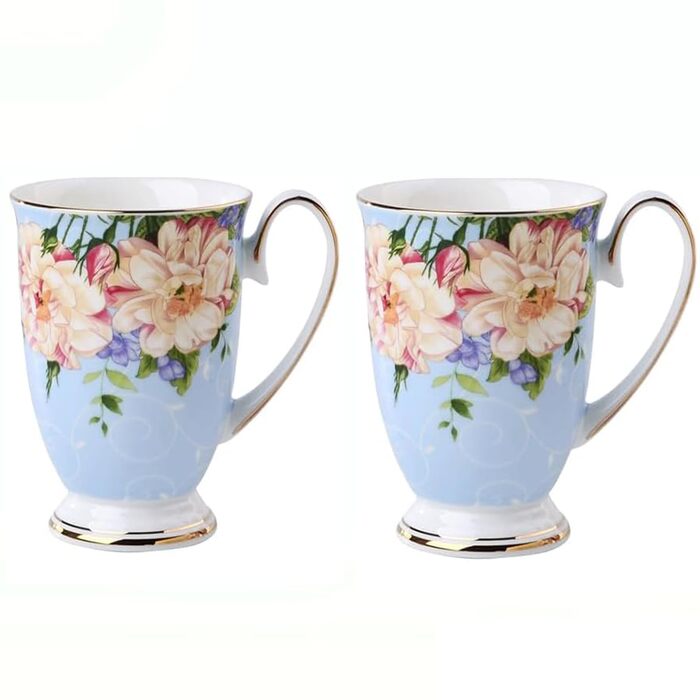 Набір із 2 порцелянових кавових кухлів, квітковий візерунок, 300 мл, чашки у формі кістки в стилі шинуазрі з ручкою для кави, чаю, молока, капучино (D)