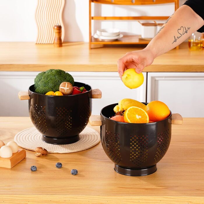Металеве сито для пасти з дерев&39яною ручкою та стабільною основою, велике кухонне сито 22 см для пасти, овочів та фруктів, міцне кухонне сито (світло-чорне)