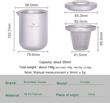 Чай iBasingo для одного набору Титановий чайник для подорожей на відкритому повітрі зі вставкою Кемпінг Портативний китайський чайний набір кунг-фу Двошарова чайниця з ситечком для чаю та 3 міні-чашки 40 мл Ti3105D (Ti3103d Чайник з фільтром)