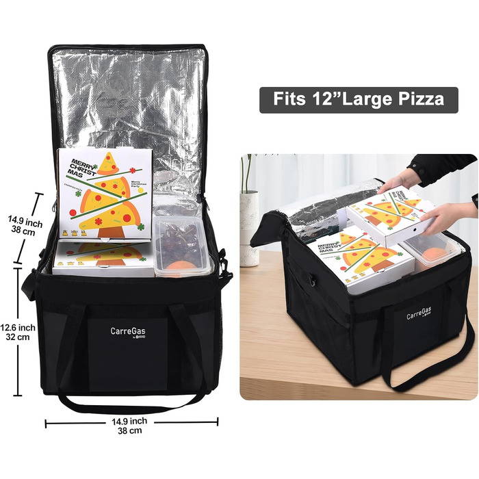 Ізольована харчова сумка, 38 x 38 x 32 см, ідеально підходить для гарячих та холодних страв, піци, ресторанів, доставки додому, індійської/китайської їжі, пікніків, термосумка, чорна