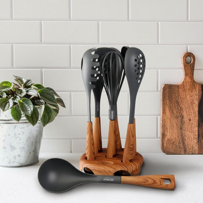 Набір кухонного начиння Back to Nature з обертовим тримачем, імітація дерева, 8 предметів STONELINE