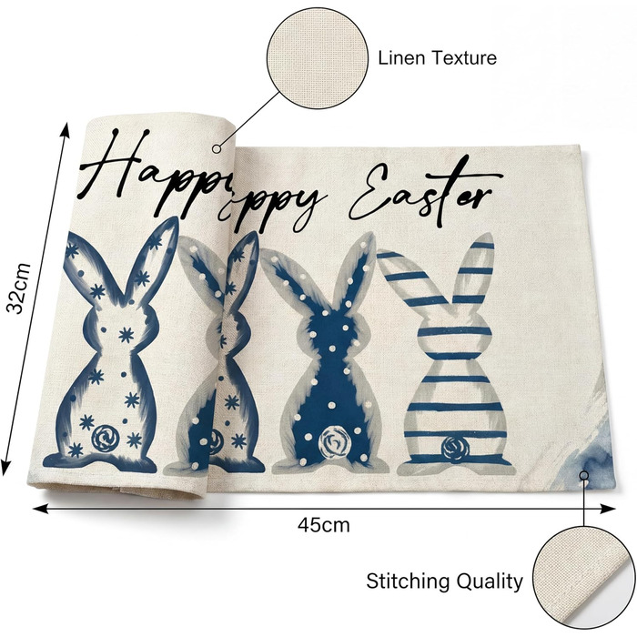 Великодні серветки &quotЩасливого Великодня&quot з коричневим кроликом, набір з 4 шт. , 32x45 см, весняний різдвяний килимок, серветки, що миються, прикраса для кухні-вечірки (синій, 32 x 45 см)