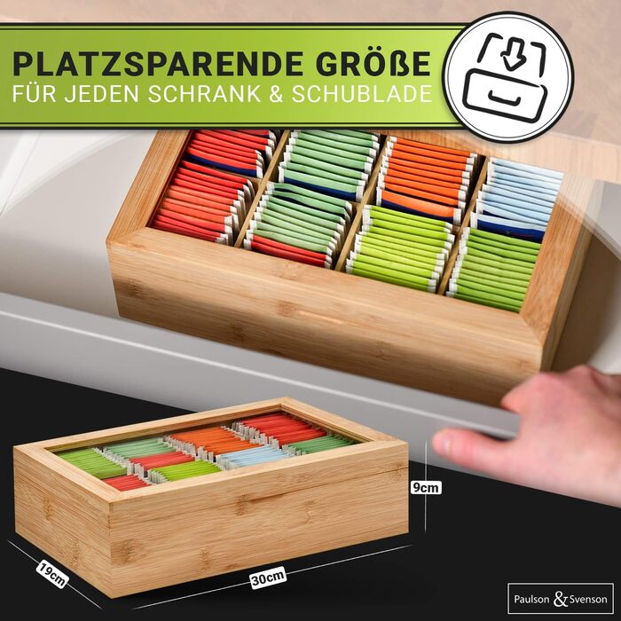 Екологічна чайна коробка з 8 дерев&39яними відділеннями - Герметичне зберігання чайних пакетиків виготовлене з сертифікованого бамбука - Органайзер для чаю з магнітною застібкою та скляною кришкою - Зберігання чайних пакетиків