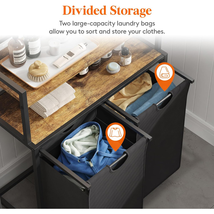 Кошик для білизни Lifewit, відро для білизни, 95 л, легко знімається, кошик для білизни з великою полицею зверху, 2 знімні кишені, ручки, кошик для білизни 2 відділення, пральня, спальня, ванна кімната, гуртожиток, чорний