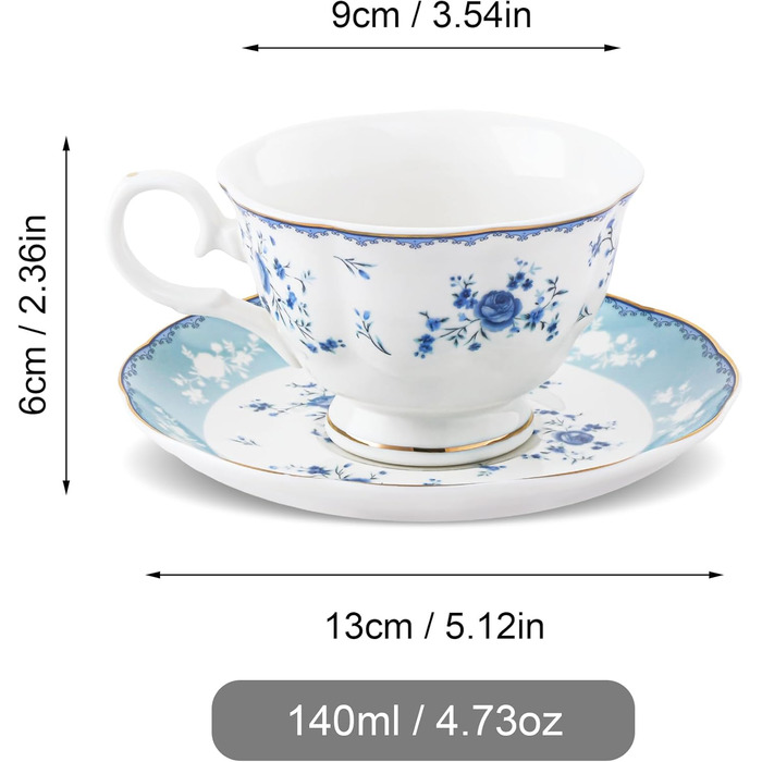Набір із 6 чашок та блюдець Fanquare &quotРожева троянда&quot, британський вінтажний набір чашок для полудня, порцелянова кавова чашка із золотим обідком, 150 мл (синій)
