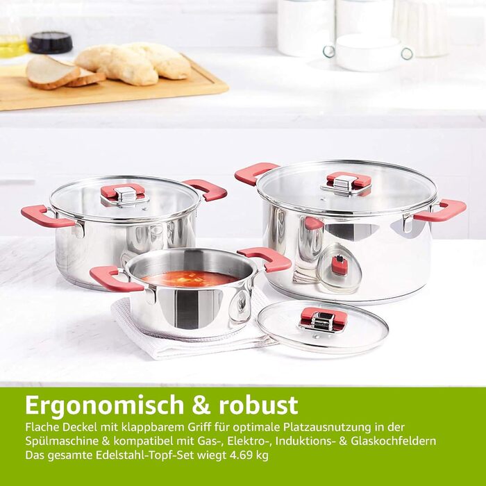 Набір посуду з 3 каструль Kitchen-Profi Basics - нержавіюча сталь, антипригарне покриття, безпечне для індукції, з кришками - 16/20/24 см з нержавіючої сталі