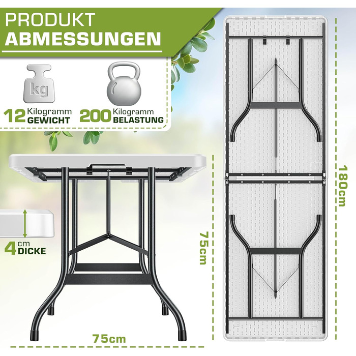 Складной садовый стол 180x75 см белый tillvex
