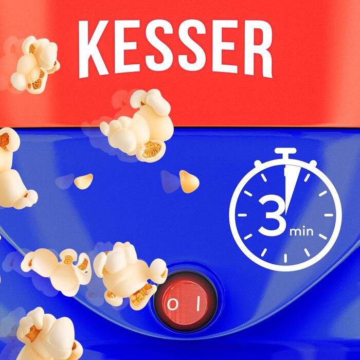 Велика машина для попкорну KESSER 800 Вт Машина для попкорну об&39ємом 5,5 л з кришкою з антипригарним покриттям та сервірувальною мискою для олії, масла, цукру, тиха та швидка, включаючи мірну чашку та чашку для попкорну, знімна нагрівальна поверхня (син