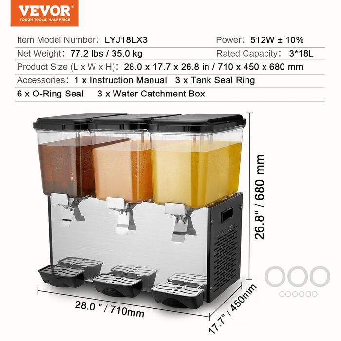 Профессиональный диспенсер для напитков с резервуарами 3 x 18 л 512 Вт VEVOR