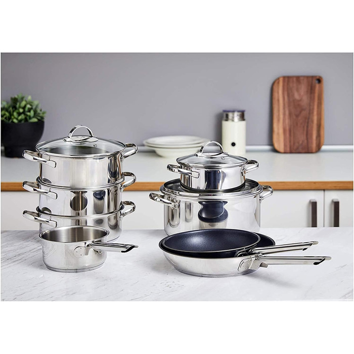 Набір посуду Kitchen-Profi Basics з 11 предметів з нержавіючої сталі, безпечний для індукції, з кришками, сріблястий