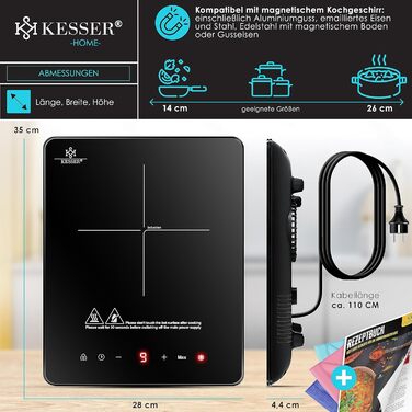 Индукционная плита KESSER Индукционная плита 1 плита 2100 Вт портативная 28 см плита 3 шт. ткань из микрофибры книга рецептов, 9 режимов нагрева, таймер на 8 часов, сенсорное управление, функция бустера 220-240 В конфорки - 1