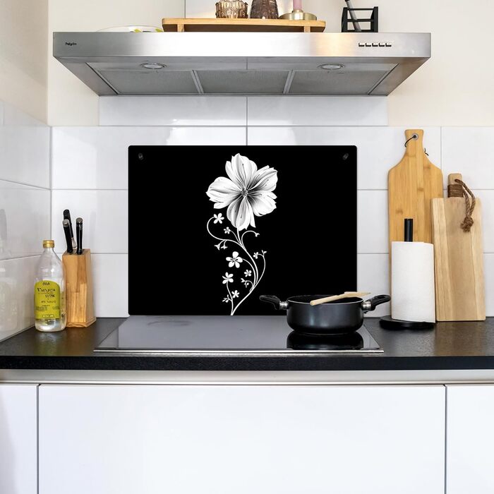 Фартух для плити, кухонний фартух, вініл, 78x52 см, декор для кухні, облицювання стіни, кришка для плити - сіро-чорна (квітка - чорна, 52Д x 71Ш см)