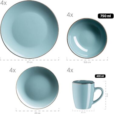 Набор современной посуды на 6 персон с ободком цвета латуни, s Combination Service с безободковыми формами купе, керамогранит, (16 предметов, голубой)