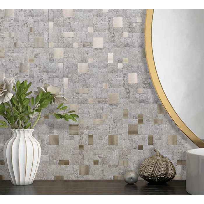 Мідний плитковий фартух DICOFUN, що знімається та клеїться, нержавіюча сталь, для кухні, металевий, фартух для плити, 0 листів (10, бежевий камінь та метал, золото)