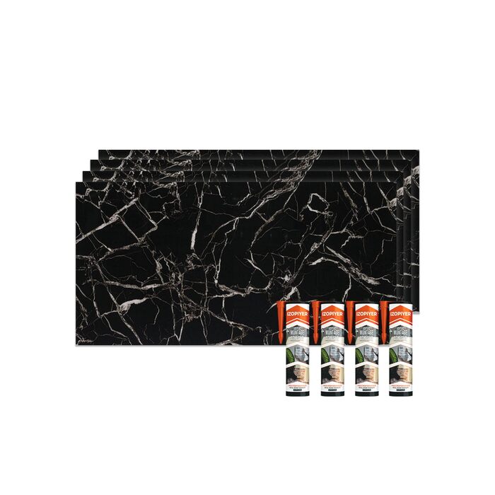 Стінові панелі IZODEKOR під мармур 60x120 см Панель для кухонного фартуха ПВХ-облицювання стін для кухні, ванної кімнати Бризкозахисний екран для кухні Водонепроникний та термостійкий (4 панелі 4 монтажних клею, чорно-білий)