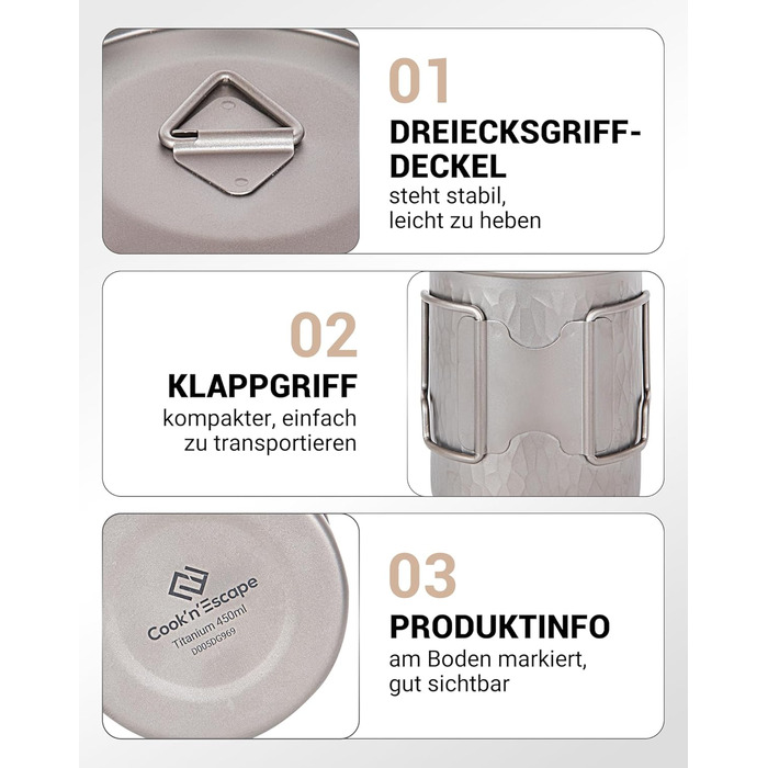 Туристическая кружка из титана с крышкой и складной ручкой 450 мл COOK'N'ESCAPE