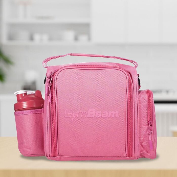 Сумка для приготування їжі GymBeam FIT Prep - Невелика сумка-холодильник з 3 міцними контейнерами, ложками та гелевими пакетами, практична сумка-холодильник для подорожей з регульованим плечовим ременем та бічною кишенею (рожева)
