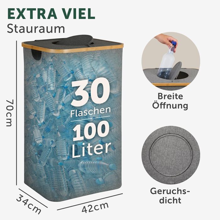 Контейнер для збору пляшок Blumtal Deposit 150 л з 2 відділеннями - Бамбуковий органайзер для пляшок - Збірник порожніх пляшок - Збірник пляшок - Контейнер для збору порожніх пляшок з отвором - Збірник пляшок (сірий, Збірник пляшок - 100 л)