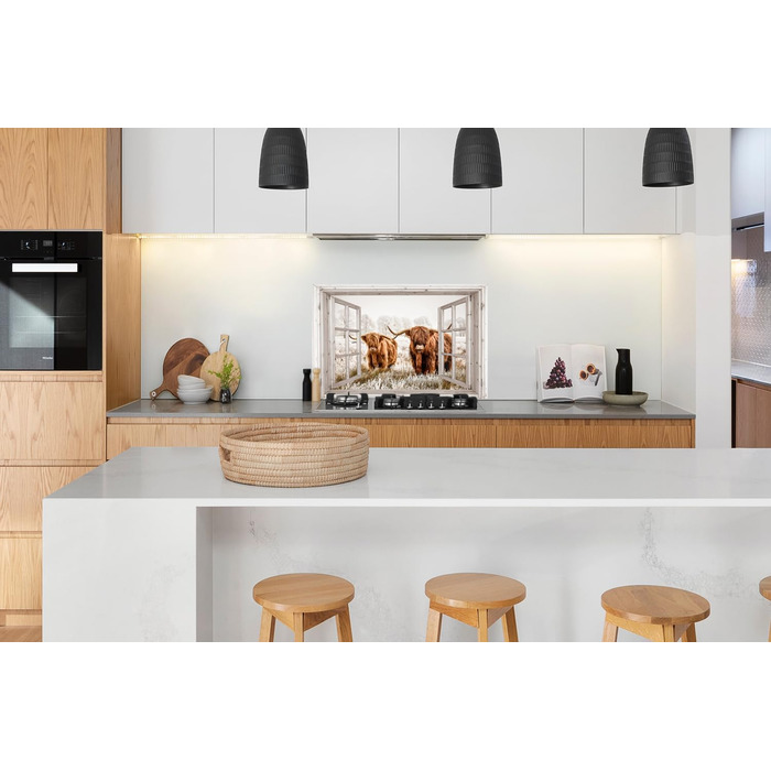 Панель кухонного фартуха, бризкозахисна панель, декор для кухні, алюмінієва панель, бризкозахисна панель для плити, альтернатива скляній панелі, чорна - з малюнком - суцільна - чорна - темна - (вид з вікна на шотландську високогірну худобу, 100x65 см)