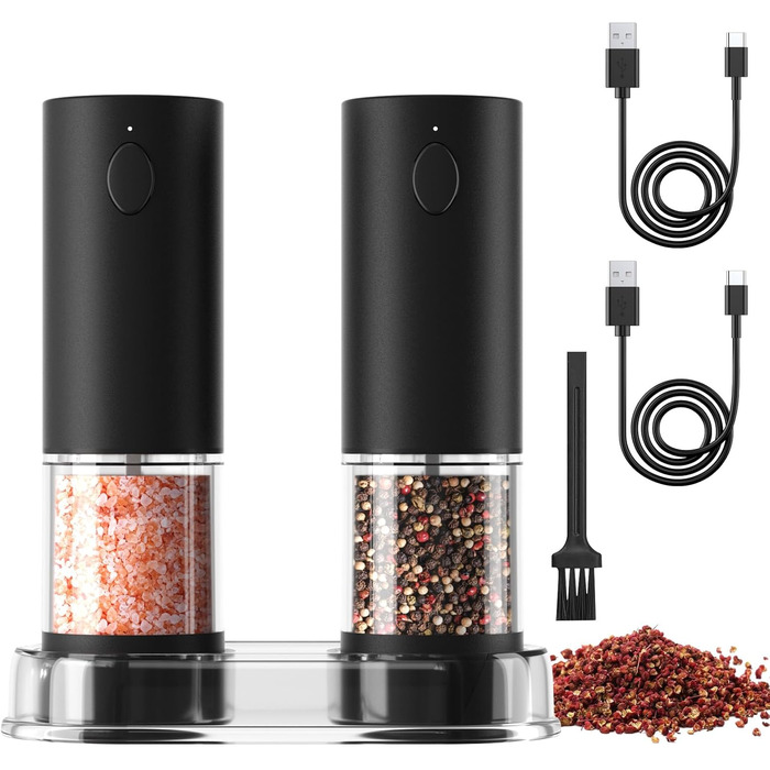 Набір із 2 електричних млинів солі та перцю на підставці, з USB-акумулятором, чорний Cokunst