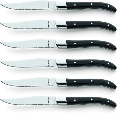 Набір ножів для стейків Amefa ROYAL STEAK Laguiole, 6 предметів, зубчастий край, 3-кратна клепана дерев'яна ручка, професійний набір стейків, столові прибори для стейків, у футлярі з цінних порід дерева, сталеве лезо 13/0, темне (чорне)