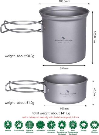 Безмежна подорож Титанова каструля Набір для приготування їжі зі складною ручкою Відкритий кемпінг Пікнік Туристичний кухоль Тарілка Посуд Набір для приготування їжі (Ti2037CC)