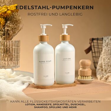 Диспенсер для мила 500 мл, набір 2 предмети на бамбуковій підставці, біле скло MaisoNovo