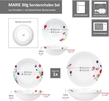 Набір із 3 мисок MamboCat Marie I 650 мл, 1 л та 1,3 л I висока порцелянова миска з декором із квіткової галявини для картоплі, пельменів, овочів, десерту, супу тощо.
