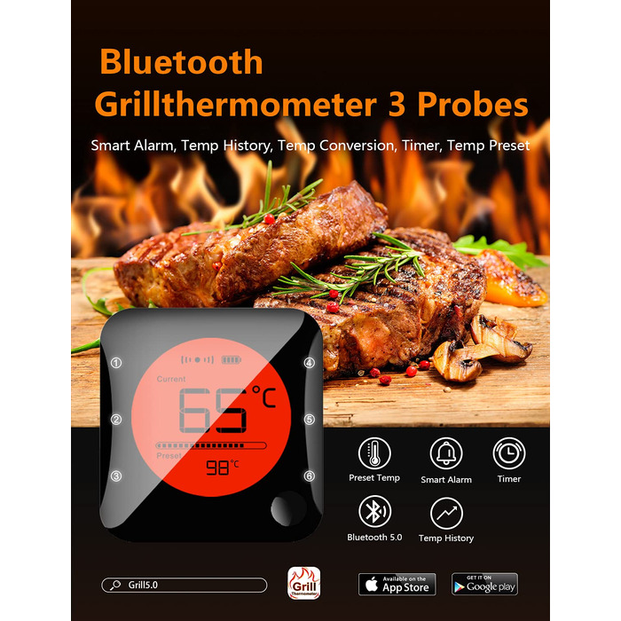 Метровий термометр для барбекю Bluetooth, бездротовий термометр для м'яса з 4 зондами з нержавіючої сталі, великий РК-дисплей, термометр для смаження Bluetooth для гриля, коптильні, духовки, барбекю (з 3 зондами), 100-
