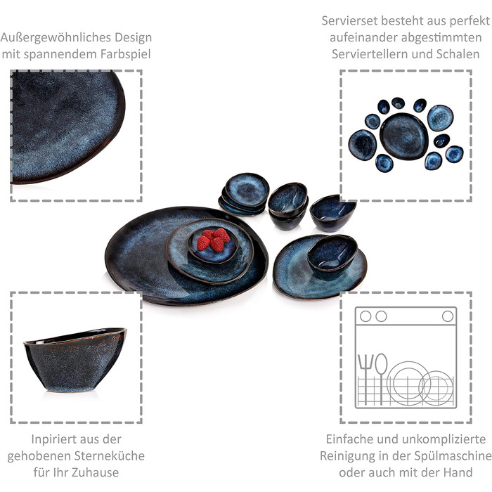 ПЕВЕЦ Набор тарелок Токио 12 шт., Набор посуды на 4 персоны, Столовая посуда Столовая посуда, Столовый сервиз вкл. Тарелка для торта Тарелка и миска, Ужин, Сервиз Темно-синий с черными акцентами (Набор сервировочных тарелок 1)