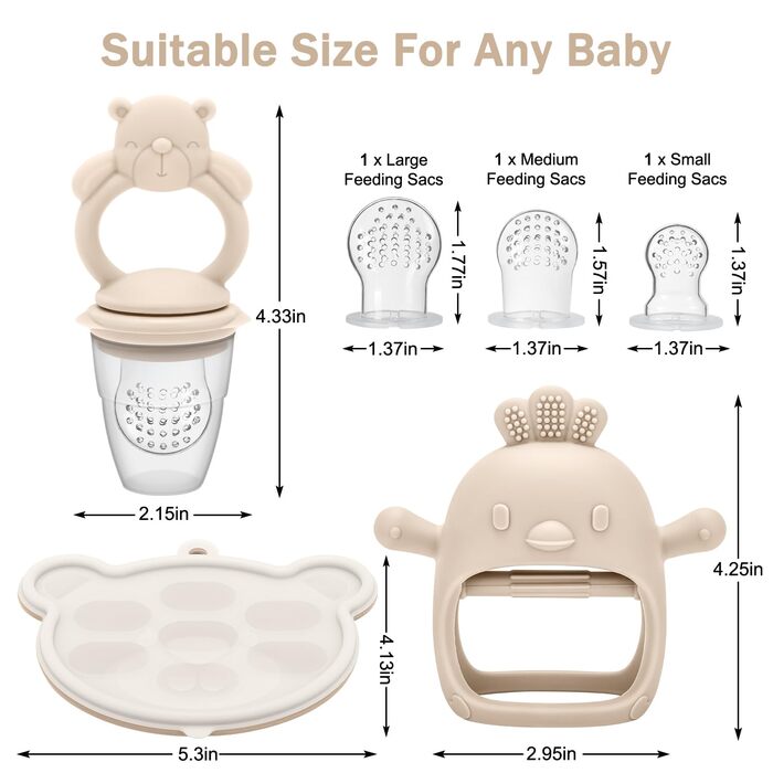 Дитячі фруктові пустушки CLDY Baby, контейнери для зберігання дитячого харчування та 3 силіконові соски 3 розмірів для малюків від 3 місяців, дитяче морозиво для прорізування зубів, без BPA (1 набір зелених) (молочно-білий ведмедик курча)