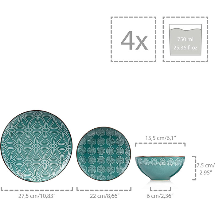 ПЕВЕЦ Столовый сервиз из керамогранита Faro, набор посуды из 12 предметов на 4 персоны, комбинированный сервиз с уникальным цветочным узором 12 предметов.