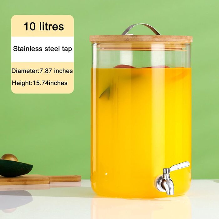 Стеклянный диспенсер для напитков 10 л с бамбуковой крышкой и подставкой Hisredsun