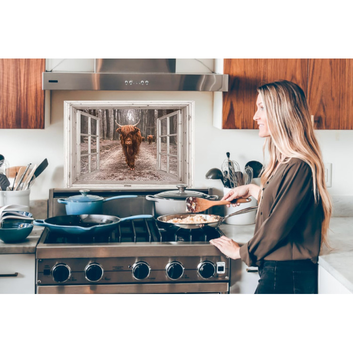 Панель кухонного фартуха, бризкозахисна панель, декор для кухні, алюмінієва панель, бризкозахисна панель для плити, альтернатива скляній панелі, чорна - з малюнком - суцільна - чорна - темна - (вид з вікна на шотландську високогірну худобу, 60x40 см)