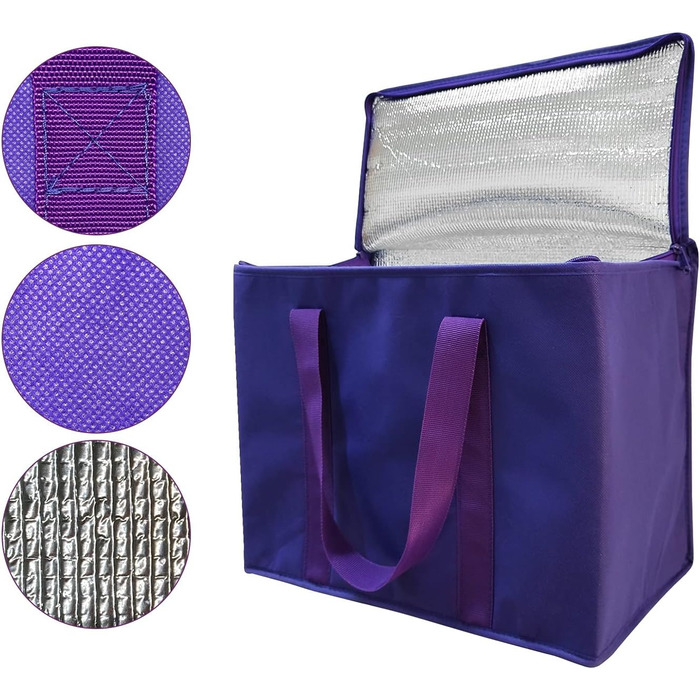 Сумка-холодильник XL на блискавці, багаторазова, зберігає їжу гарячою або холодною, ідеально підходить для прийому їжі, Instacart, ресторани, фіолетова, 2 шт.