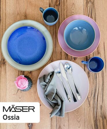Серія Ossia Набір тарілок для 6 осіб у середземноморському вінтажному стилі, сучасний обідній сервіз із 12 предметів із суповими тарілками та обідніми тарілками, керамограніт (світло-блакитний), 931946