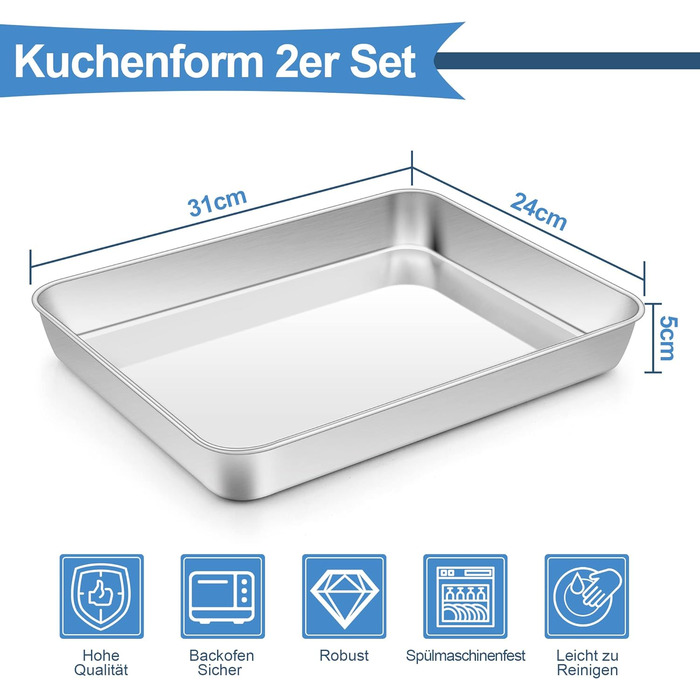 Деко для випікання, набір форм для запіканки з нержавіючої сталі Herogo з 2 шт. , прямокутне деко для випікання 324x5 см Деко для духовки, глибока металева форма для брауні з лазаньєю, плоске дно та міцна, легко чиститься 324x5 см