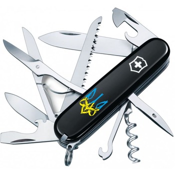 Нож Victorinox Huntsman Ukraine 91мм/15funk/черный/Трезубец готический сын-желтый.