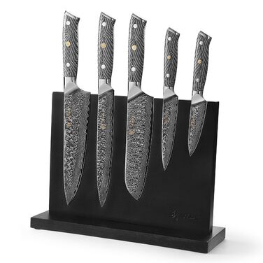 Кулінарний набір ножів з дамаської сталі Sycamore (6 предметів) 67 шарів, ядро з VG10, твердість 602 HRC, ручки з клена, хлібний ніж із серрейторною заточкою, магнітний тримач для ножів, професійні кухонні ножі для точного нарізання (Чорно-білий)