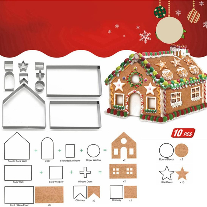 Набір з 10 форм для печива Пряниковий будиночок, нержавіюча сталь Baobiutin