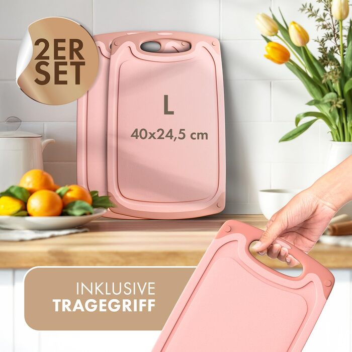 Набір обробних дощок Blumtal 3 розміри (S/M/L) - Велика пластикова обробна дошка з пазами для соку та ручкою - Міцна кухонна обробна дошка без BPA (рожевий колір, комплект з 2 предметів)
