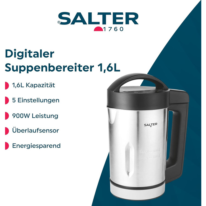 Цифрова суповарка Salter EK5118V2FVDE - 1,6 л, суп, ідеально підходить для приготування великих порцій, 5 налаштувань (гладкий, густий, напої, підтримка тепла, змішування/очищення), датчик переповнення, 900 Вт, алюміній, синя штекер ЄС