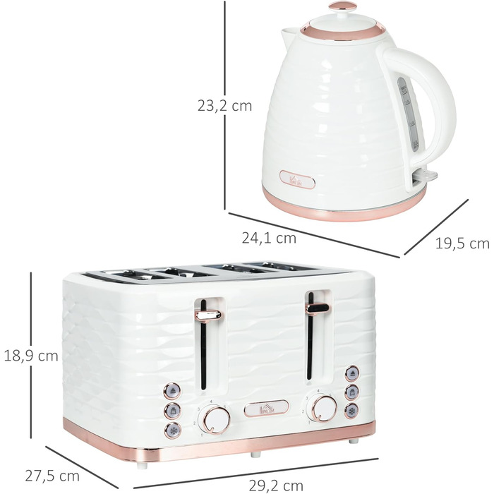 Набір для сніданку HOMCOM Kettle Toaster Set з чайником 1,7 л, тостером на 4 скибочки, 2200 Вт, 7 рівнів підрум&39янення, розморожуванням, розігрівом та лотком для крихт, термостатом Otter, кремово-білим