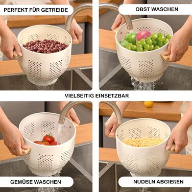 Металеве сито для пасти з дерев&39яною ручкою та стабільною основою, велике кухонне сито 22 см для пасти, овочів та фруктів, міцне кухонне сито (кремового кольору)