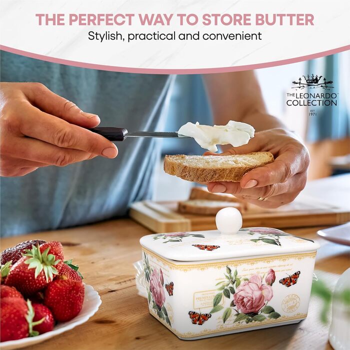 Маслянка з кришкою, китайська кераміка, з гарними акварельними мотивами, розроблена галереєю Дженніфер Роуз для Busy Bee (Redoute Rose)