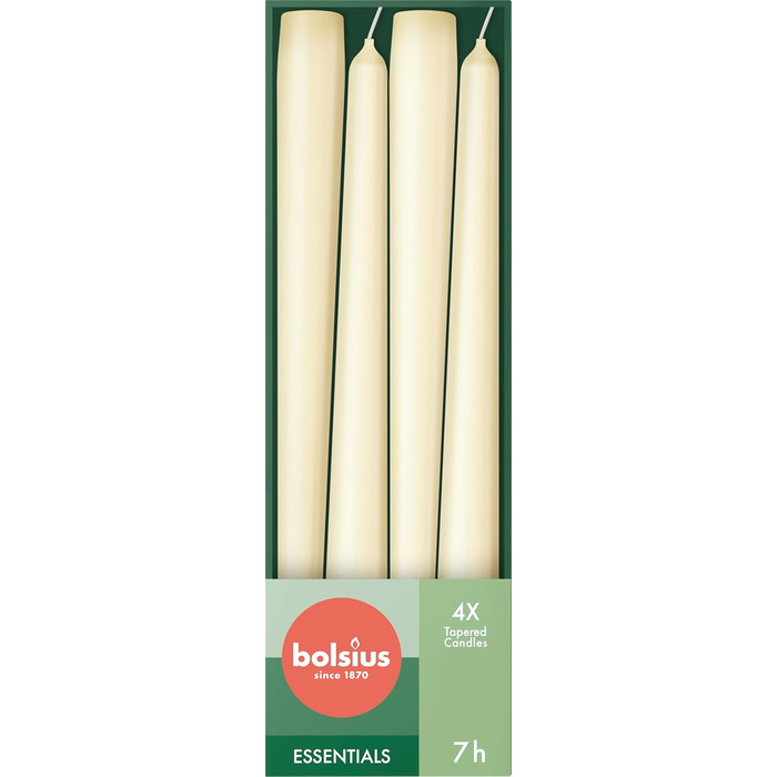 Свічки Bolsius Smooth Taper - Зелені - Набір з 4 шт. у коробці - Декоративні побутові свічки - Час горіння 7 годин - Без запаху - Натуральний рослинний віск - Без пальмової олії - 24,5 см Зелені 4 шт. и (Слонова кістка, 32 шт. и)