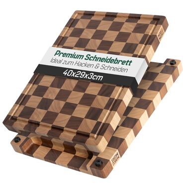 Премиум разделочная доска из цельного дерева, торцевая (End Grain) 40x29x3 см из карбонизированной акации, сертифицирована FSC, с ножками, желобком для сока и удобными ручками (двухцветная)
