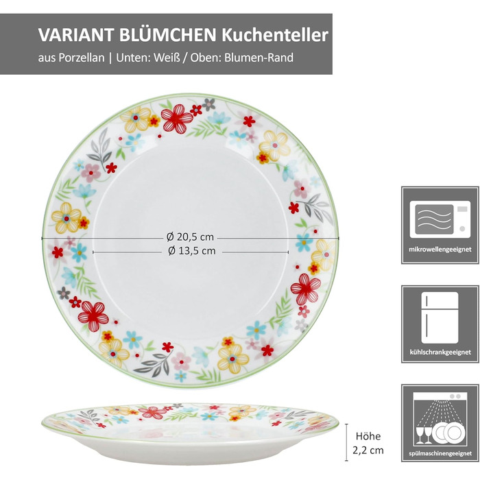Набір із 6 тарілок для торта MamboCat Variant Floral Барвисті порцелянові тарілки для сніданку на 6 осіб Барвисті маленькі тарілки для салату, десерту та інших страв на сніданок, обід, каву та вечерю Тарілки для тортів та десертів